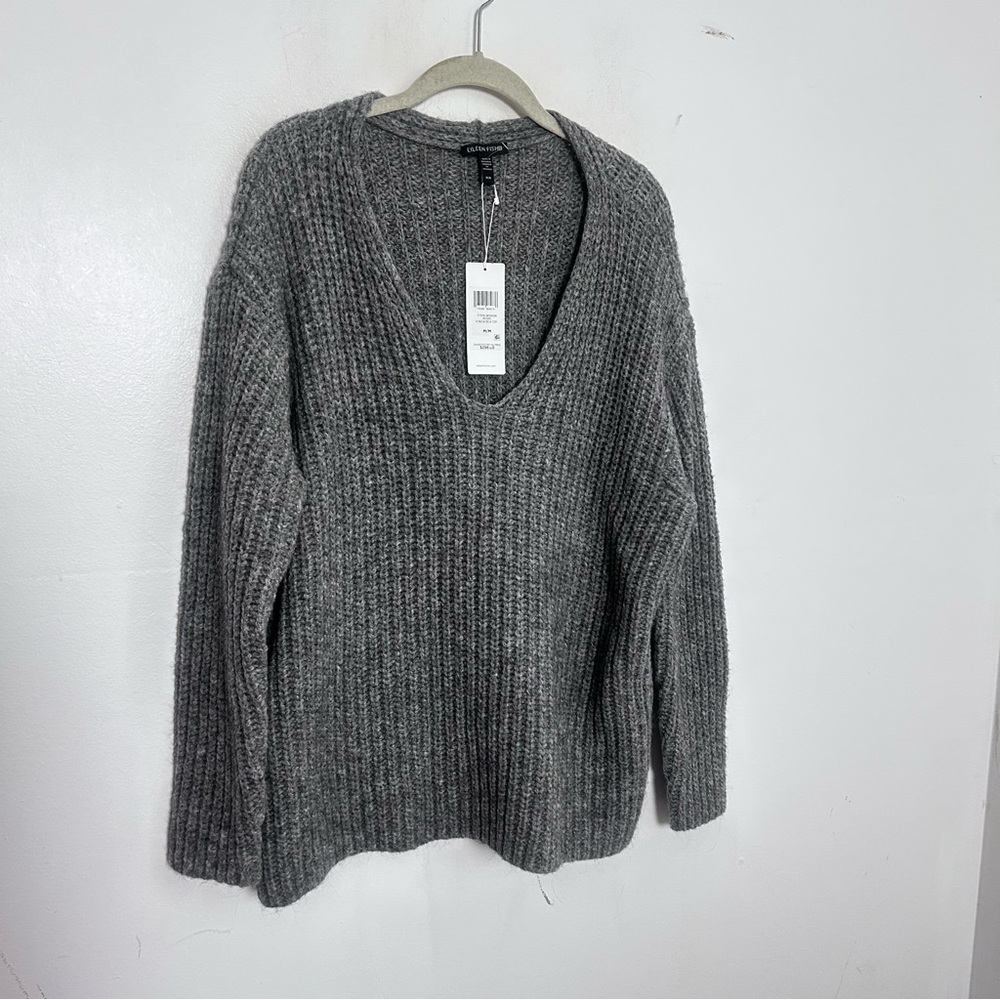 Eileen Fisher Alpaca Wool Chunky Knit V Neck Sweater Medium NWT